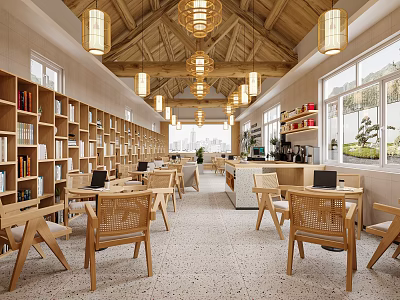 Hotel Lobby With Wooden Ceiling Hanging Lights Bookshelves Tables Chairs And Natural Light 3d model