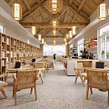 Hotel Lobby With Wooden Ceiling Hanging Lights Bookshelves Tables Chairs And Natural Light
