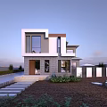 Modern Single Family House Two-Story Facade With Large Glass Windows Landscaped Garden And Stone Steps
