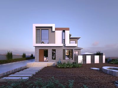 Modern Single Family House Two-Story Facade With Large Glass Windows Landscaped Garden And Stone Steps 3d model
