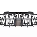 Modern Round Dining Table Set With Six Black Frame Chairs And White Cushions