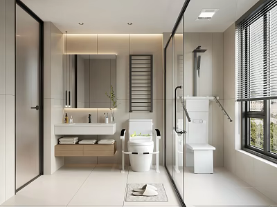 Modern Bathroom Interior With Vanity Toilet Shower Mirror And Blinds 3d model