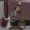 Vintage Table And Chair Set With Purple Wall Floral Curtains Painting Vase And Siamese Cat