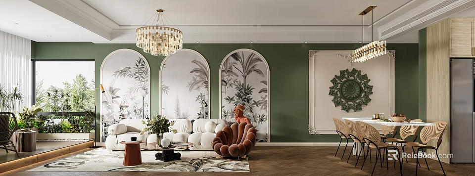 Elegant Living Dining Room With Green Walls Arched Botanical Patterns White Sofa And Chandelier 3d model 