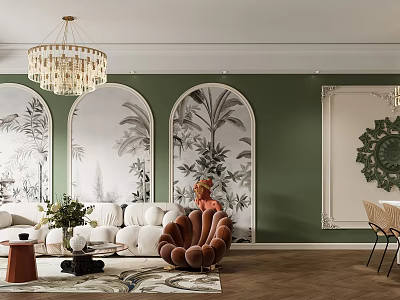 Elegant Living Dining Room With Green Walls Arched Botanical Patterns White Sofa And Chandelier 3d model