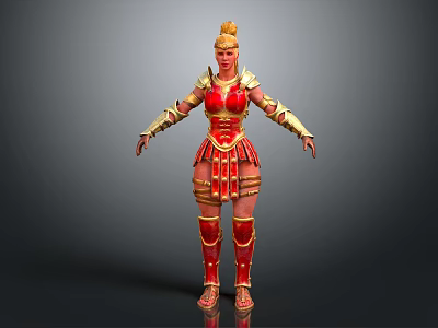 Female Game Movie Warrior Character in Red and Gold Detailed Armor 3d model