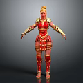 Female Game Movie Warrior Character in Red and Gold Detailed Armor