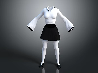 Women's Outfit With White Collared Bell Sleeve Top Black Skirt White Tights And Black Shoes 3d model