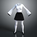 Women's Outfit With White Collared Bell Sleeve Top Black Skirt White Tights And Black Shoes