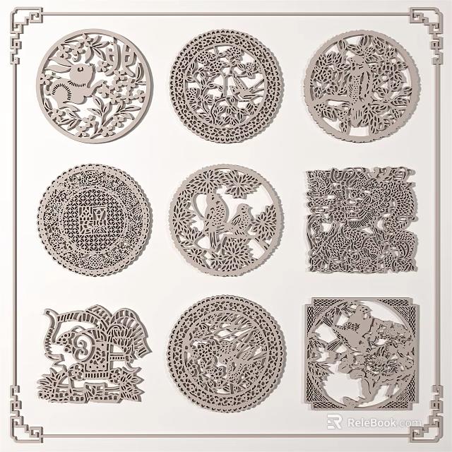 Intricate Traditional Carvings with Animal Plant Motifs and Circular Square Designs 3d model 