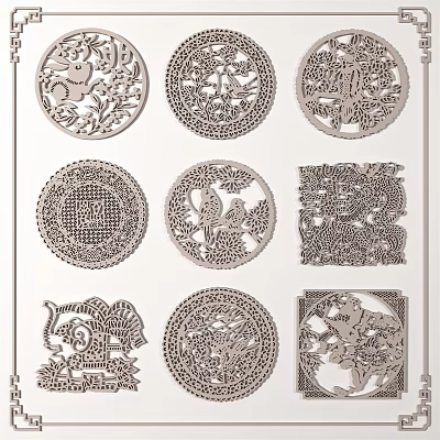 Intricate Traditional Carvings with Animal Plant Motifs and Circular Square Designs 3d model