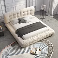 Modern Upholstered Double Bed With Cream Tufted Headboard And Nightstand Lamp