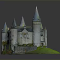 Medieval Stone Castle Architecture With Multiple Pointed Roof Towers And Green Lawn