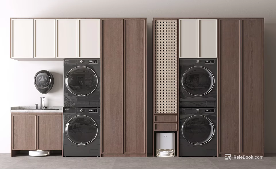 Modern Laundry Room Design With Wooden White Cabinets Washing Machines And Dryers 3d model 