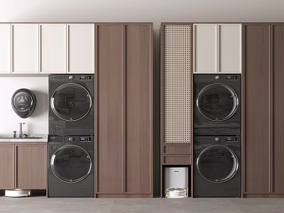 Modern Laundry Room Design With Wooden White Cabinets Washing Machines And Dryers 3d model