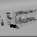Stainless Steel Kitchen Appliances Featuring Espresso Machine Coffee Grinder And Glass Bottles