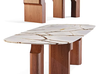 Elegant Modern Dining Table With White Marble Top And Walnut Wood Legs Design 3d model
