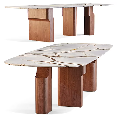 Elegant Modern Dining Table With White Marble Top And Walnut Wood Legs Design 3d model