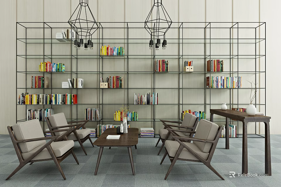 Cozy Leisure Sofa Set with Bookshelves Chandeliers and Coffee Table in Modern Interior 3d model 
