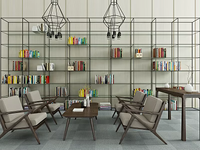 Cozy Leisure Sofa Set with Bookshelves Chandeliers and Coffee Table in Modern Interior 3d model