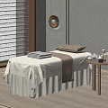 Relaxing SPA Room With Massage Bed Light Sheets Towels Candles And Ornate Wall