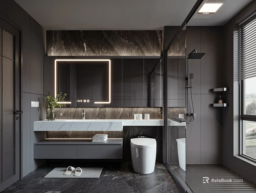 Modern Bathroom Interior Design With Marble Wall Backlit Mirror And Glass Shower 3d model 