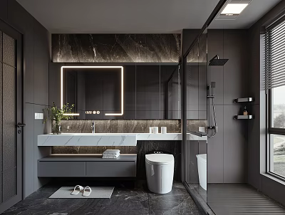 Modern Bathroom Interior Design With Marble Wall Backlit Mirror And Glass Shower 3d model