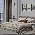 Modern Double Bed Featuring Bedside Table Potted Plant Wall Art Floor Lamp City View Window