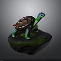 Vibrant Turtle Figurine With Colorful Shell Green Limbs And Head On Rock With Green Moss