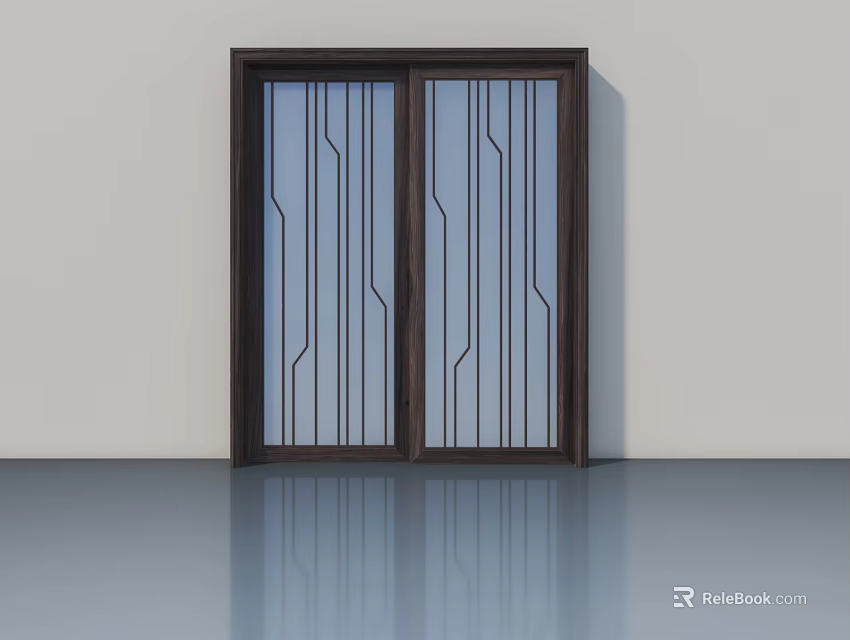 Modern Swing Door Design With Dark Wooden Frame And Geometric Line Glass Panels 3d model 