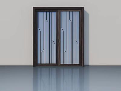 Modern Swing Door Design With Dark Wooden Frame And Geometric Line Glass Panels 3d model