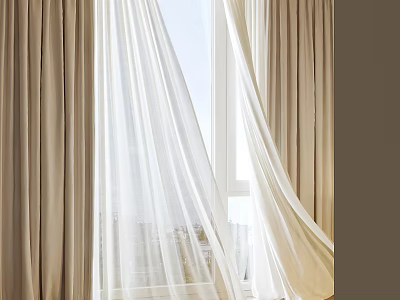 Beige Curtains With White Sheer Layers Open To Filter Light In Window Interior 3d model