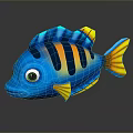 Colorful Cartoon Fish with Blue Body Orange Yellow Stripes Large Eyes Yellow Tail and Reflection