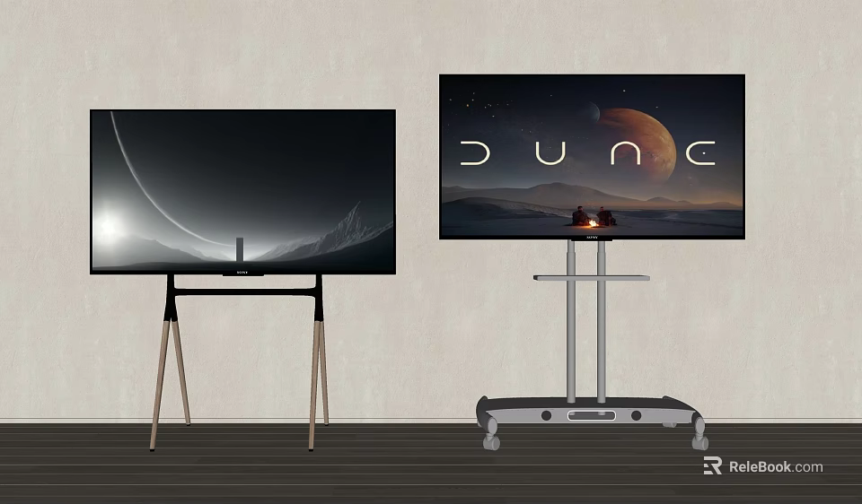 Two TVs With Wooden Legs And Silver Rolling Stand Displaying Space And Dune Scenes 3d model 