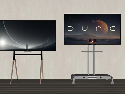Two TVs With Wooden Legs And Silver Rolling Stand Displaying Space And Dune Scenes 3d model