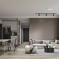 Modern Living and Dining Room Interior With TV Wall Sofa Dining Table Chairs And Shelves