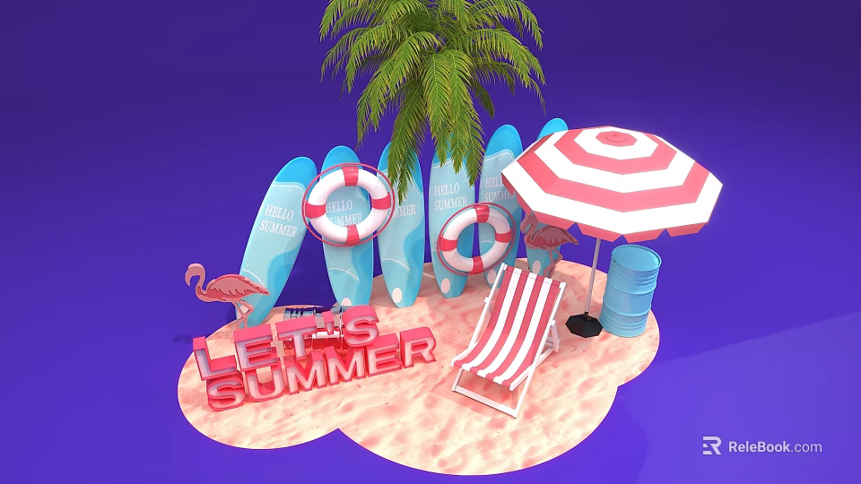 Summer Beach Scene With Surfboards Life Rings Palm Tree And Deck Chair 3d model 