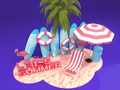Summer Beach Scene With Surfboards Life Rings Palm Tree And Deck Chair 3d model