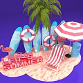 Summer Beach Scene With Surfboards Life Rings Palm Tree And Deck Chair