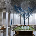 Modern Sales Office Interior Featuring Textured Ceiling Hanging Blue Art Installation And Property Model