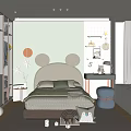 Kids Room With Mickey Mouse Ear Headboard Beige Bed Polka Dot Wall Hanging Stars And Blue Ottoman