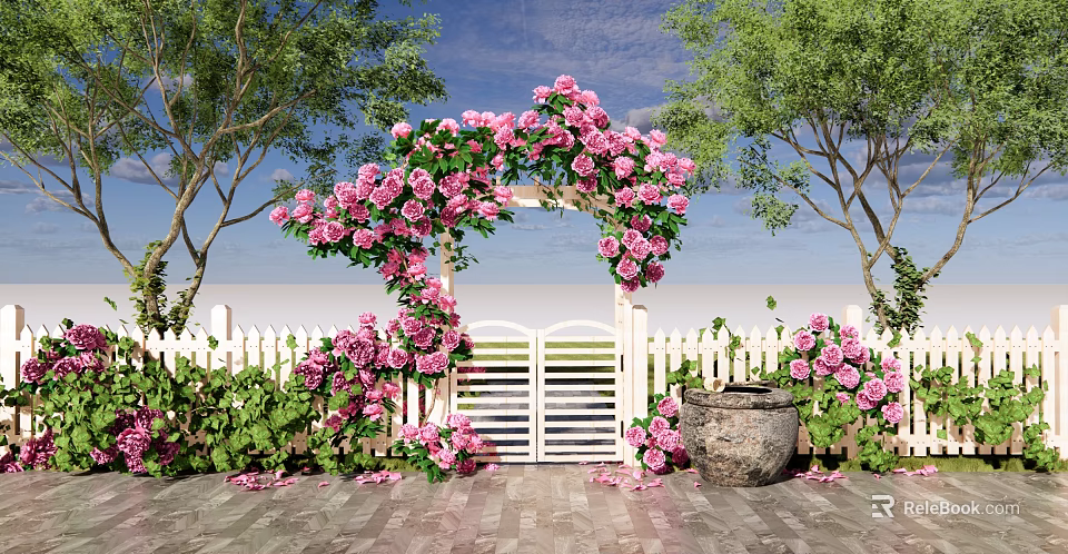 Garden Entrance Gate Decorated With Pink Roses Green Vines And Archway 3d model 
