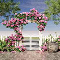 Garden Entrance Gate Decorated With Pink Roses Green Vines And Archway
