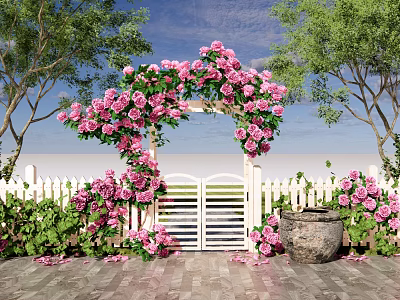 Garden Entrance Gate Decorated With Pink Roses Green Vines And Archway 3d model