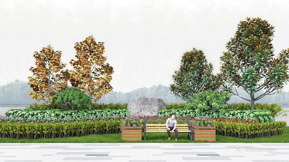 Lush Shrubs and Varied Plants in Outdoor Garden with Wooden Bench Seating 3d model 