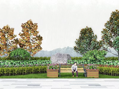 Lush Shrubs and Varied Plants in Outdoor Garden with Wooden Bench Seating 3d model