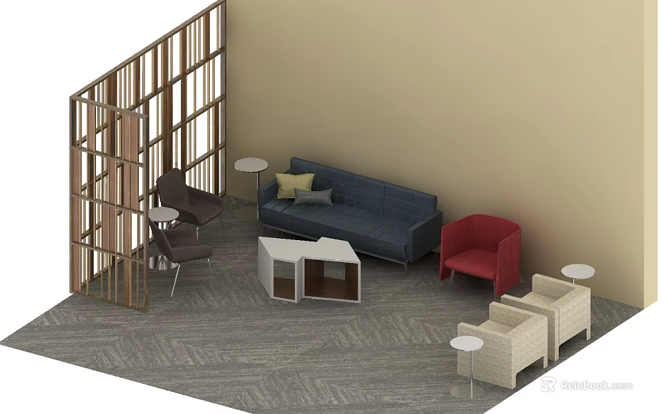 Blue Sofa And Coffee Table Set With Red Chair Beige Chairs Wooden Partition And Carpet 3d model 