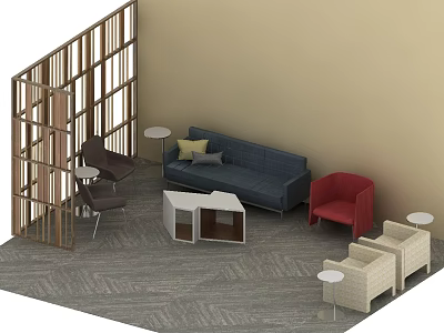 Blue Sofa And Coffee Table Set With Red Chair Beige Chairs Wooden Partition And Carpet 3d model