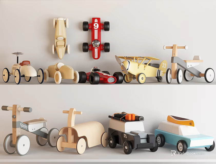 Various Electric Toys Including Racing Cars Airplanes Tricycles and Wooden Cars 3d model 