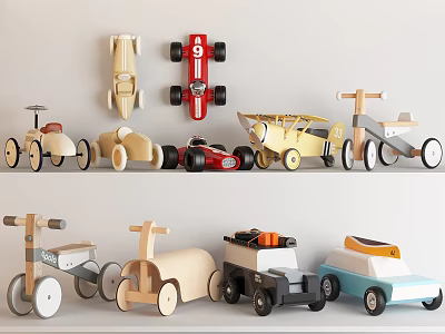 Various Electric Toys Including Racing Cars Airplanes Tricycles and Wooden Cars 3d model